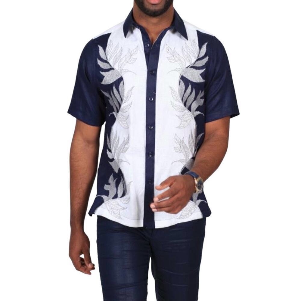 NWT Prestige Navy White Floral Embroidered Linen Button Down Shirt 2XL